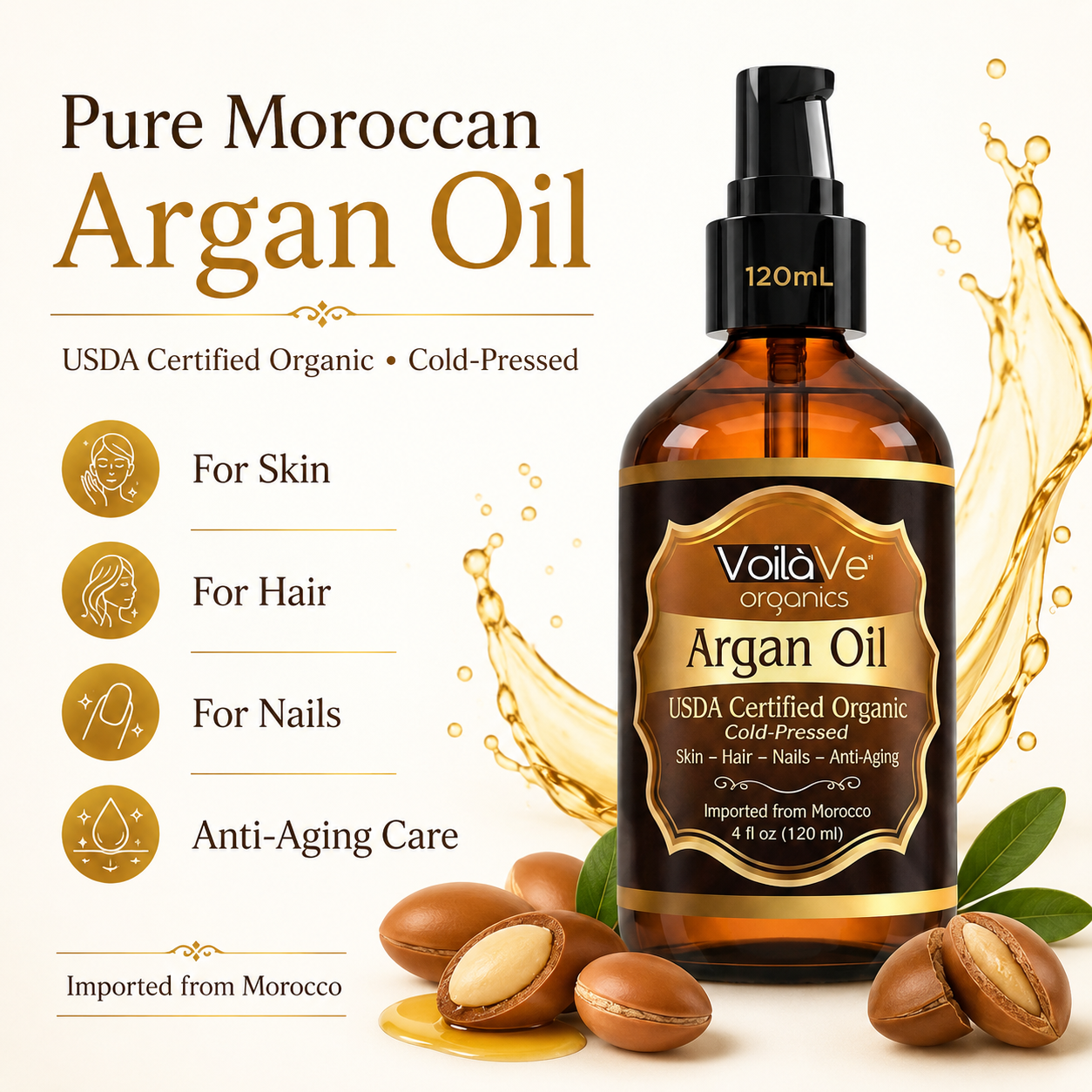 VoilaVe USDA ECOCERT Organic Moroccan Argan Oil