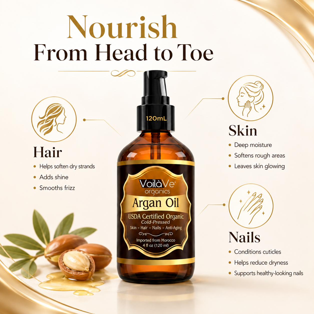 VoilaVe USDA ECOCERT Organic Moroccan Argan Oil