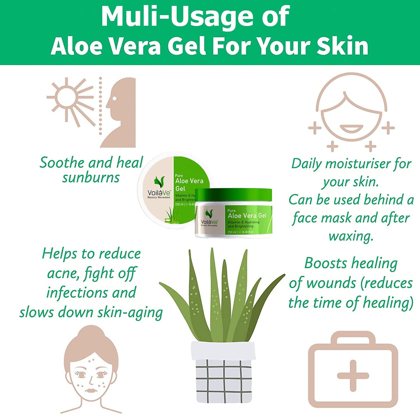 VoilaVe Pure Aloe Vera Gel for Skin and Hair Care